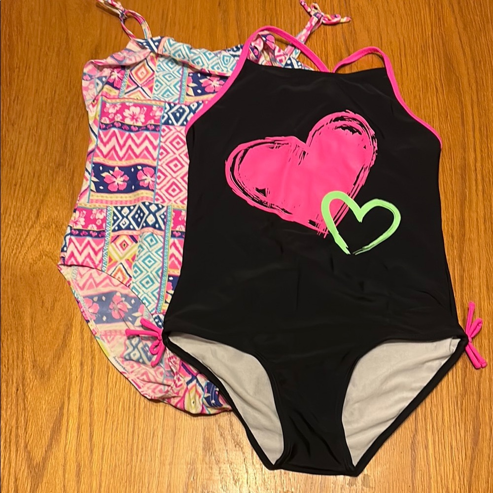 EUC Sz 12 Place Kids One Piece Swimsuit - Black, Pink, and Green